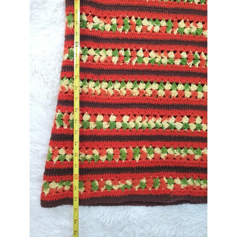 Vintage‎ Afghan 70s Throw Blanket Scalloped Red Yellow Brown Green Stripe 59x50